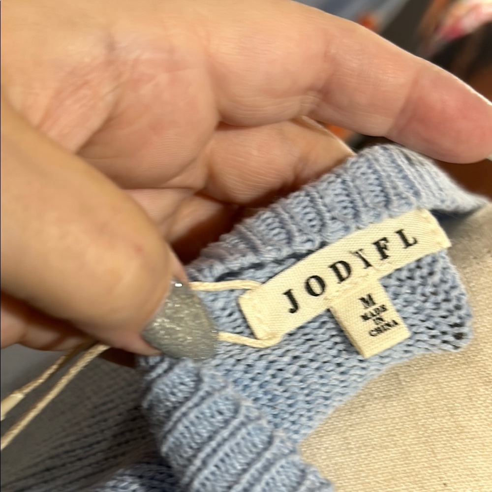 JODIFL Blue Sweater with Colorful Crochet Sleeves - Picture 3 of 8